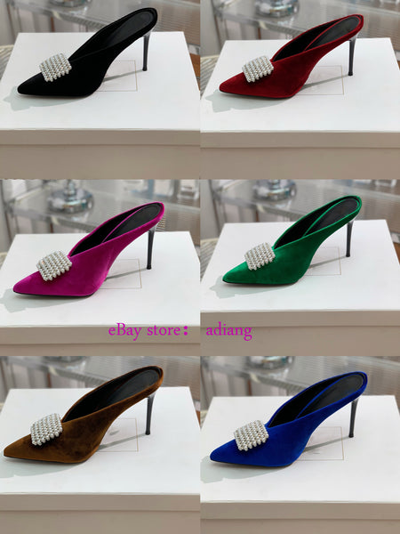 9.5cm stiletto velvet square pearls point toe mules grace boat shoes women 2023 35-42