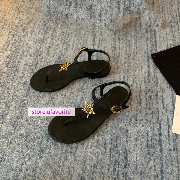 1cm leather flats sandals star fashion Flip flops shoes women 2022new 35-40