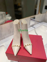 Rivet pointed toe thin 7cm high heel short boots cow leather shoes fashion women high quality 35-42
