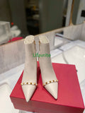 Rivet pointed toe thin 7cm high heel short boots cow leather shoes fashion women high quality 35-42