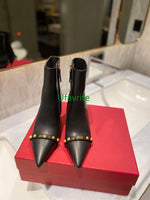 Rivet pointed toe thin 7cm high heel short boots cow leather shoes fashion women high quality 35-42