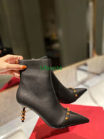 Rivet pointed toe thin 7cm high heel short boots cow leather shoes fashion women high quality 35-42